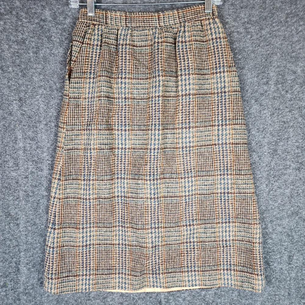Weathervane Skirt Womens 6 Wool Plaid Brown Blue Vintage Union Made USA EUC